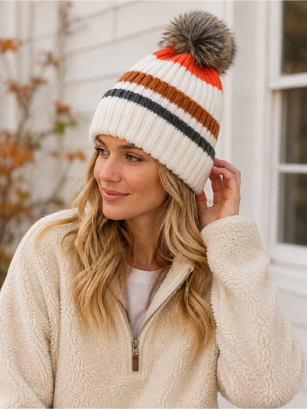 Aerie Striped Ribbed Knit Faux Fur Pom Beanie Cream Orange One Size